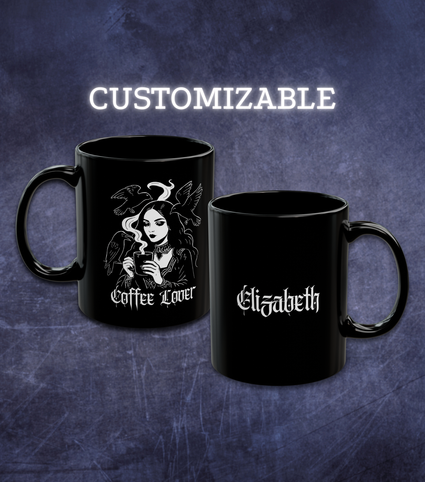 Black mug with a design of a woman holding a coffee cup, surrounded by birds and the text 'Coffee Lover' on one side and persons name on the other side