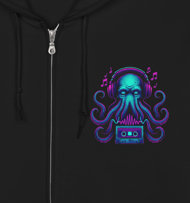 Closeup of a black hoodie with a colorful octopus Cthulhu design wearing headphones and a cassette tape
