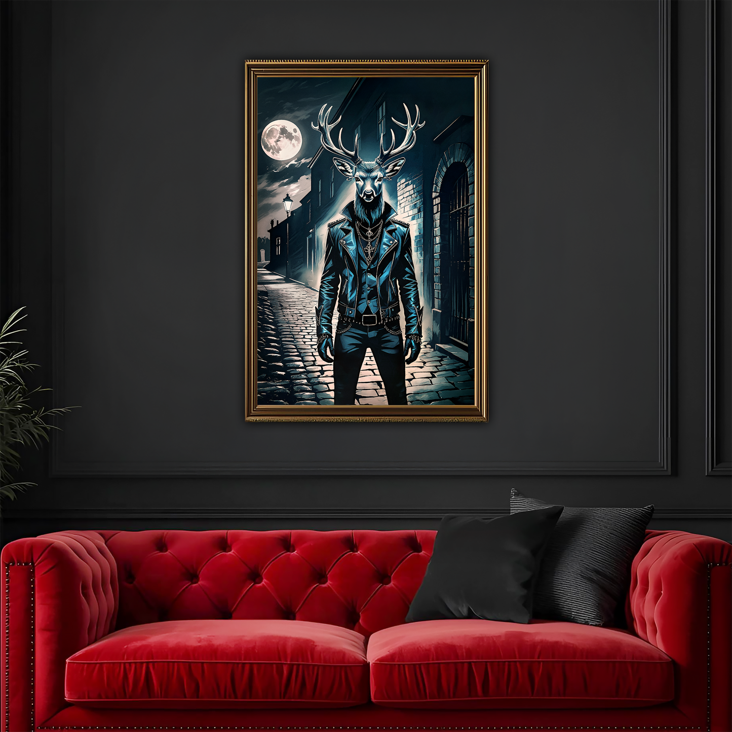 Surreal dark framed artwork of a humanoid figure, half man half deer with antlers on a dark wall above a red sofa.