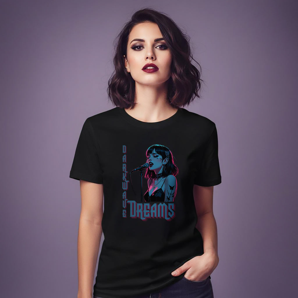 Darkwave Dreams T-Shirt, Gothic Synthwave Singer in Neon Lights