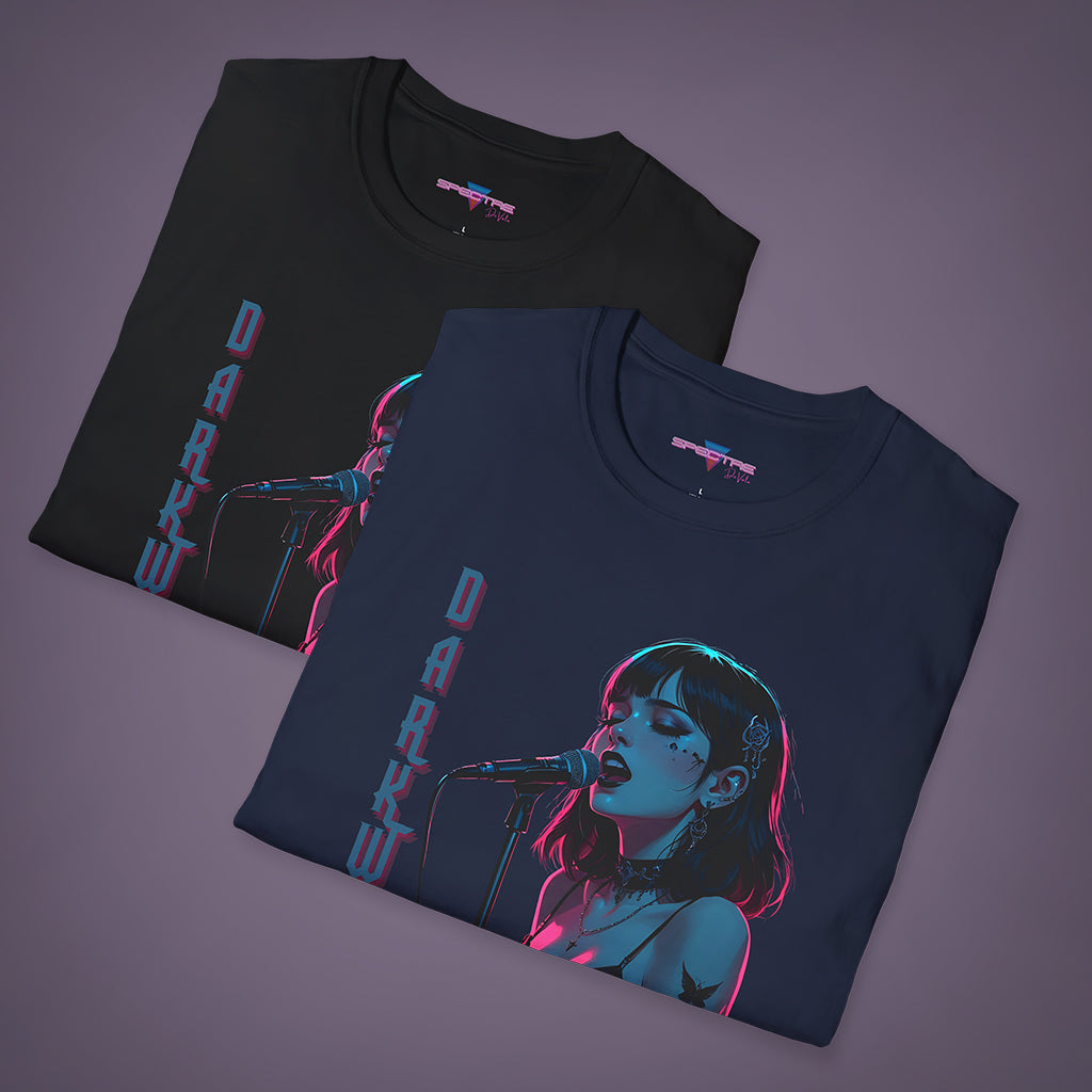Darkwave Dreams T-Shirt, Gothic Synthwave Singer in Neon Lights