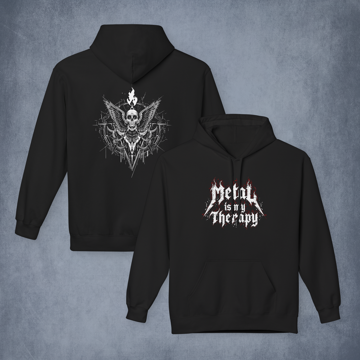 Heavy Metal Therapy Skull and Flames Hoodie, Gothic Grunge Pullover for Rock Fans