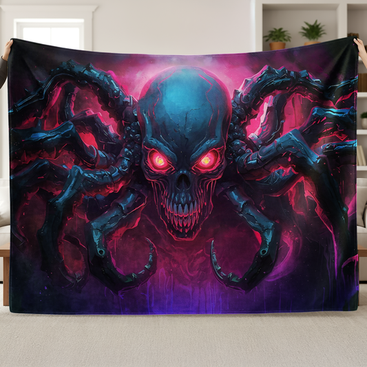 Robotic Skull Spider - Neon Velveteen Plush Blanket - Cyberpunk Horror Throw