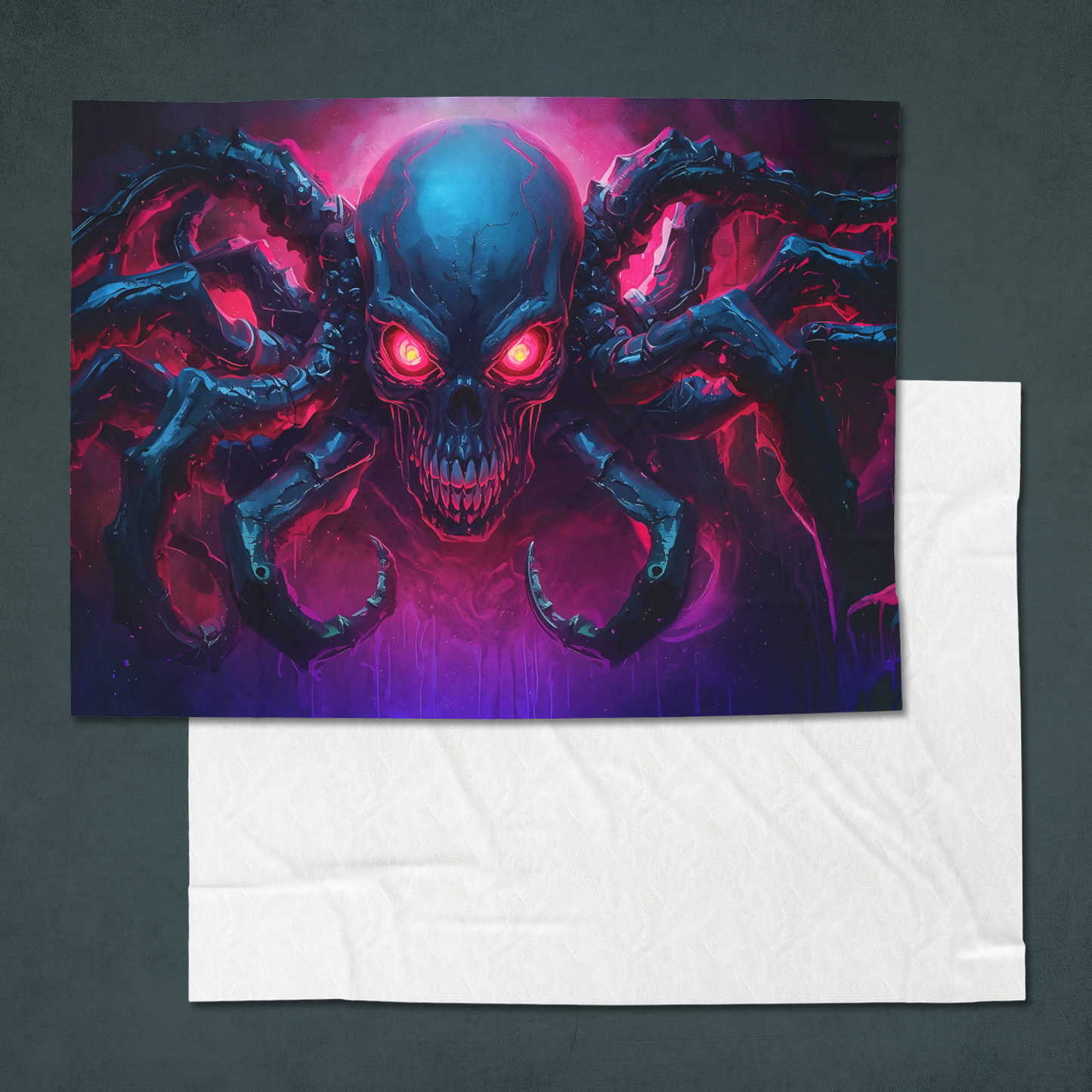 Robotic Skull Spider - Neon Velveteen Plush Blanket - Cyberpunk Horror Throw