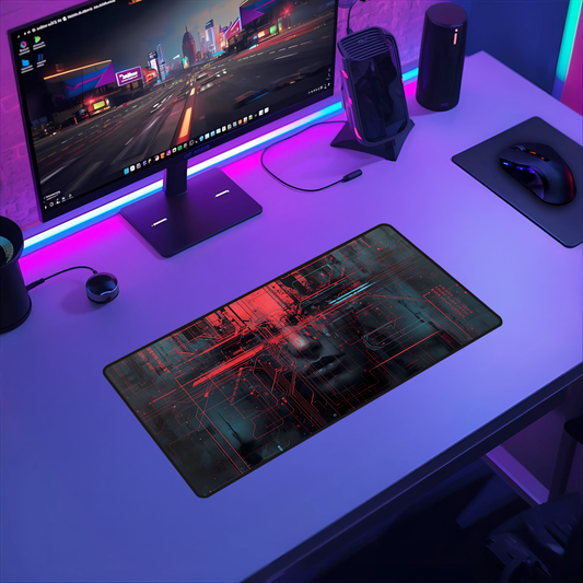 Tech Noir Circuit Grid Identity Desk Mat - Futuristic Portrait Large Mouse Pad