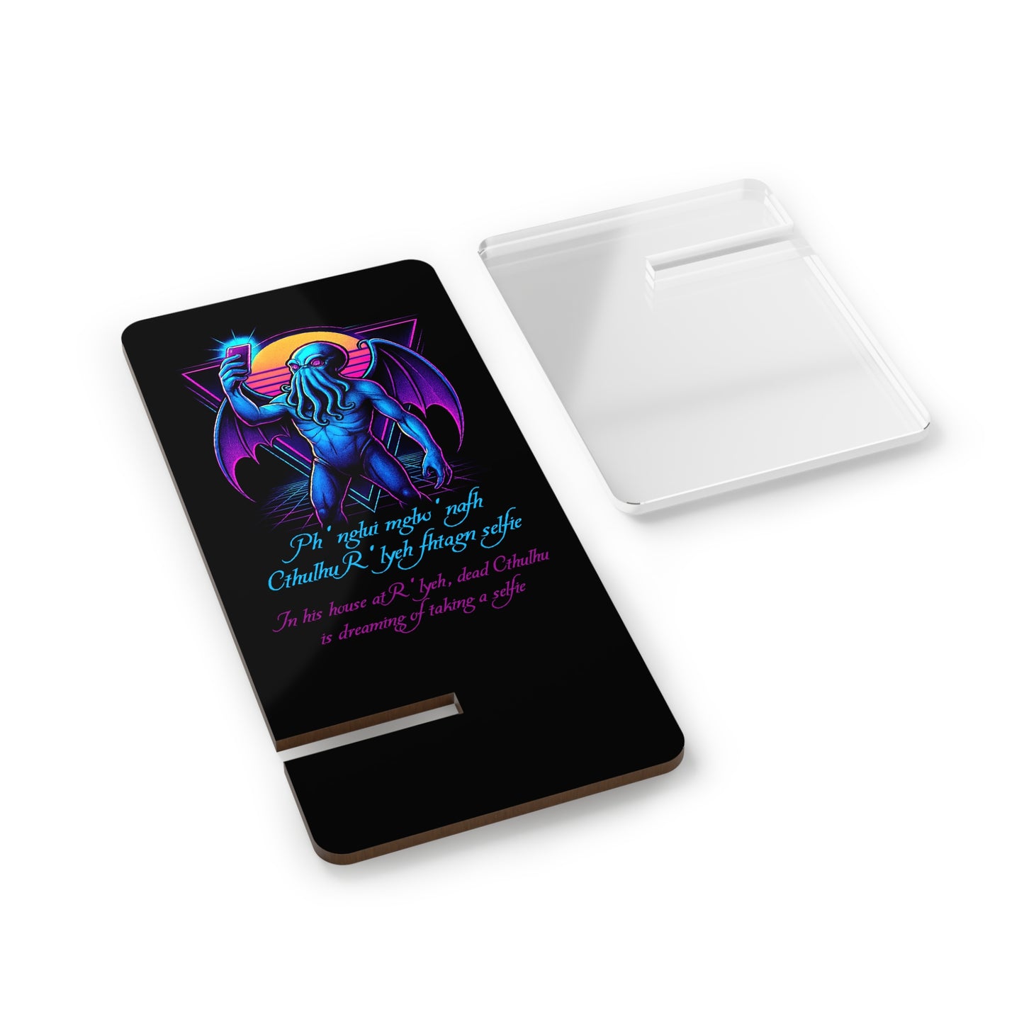 Synthwave Cthulhu Funny Phone Stand, Lovecraft Horror Parody Smartphone Holder