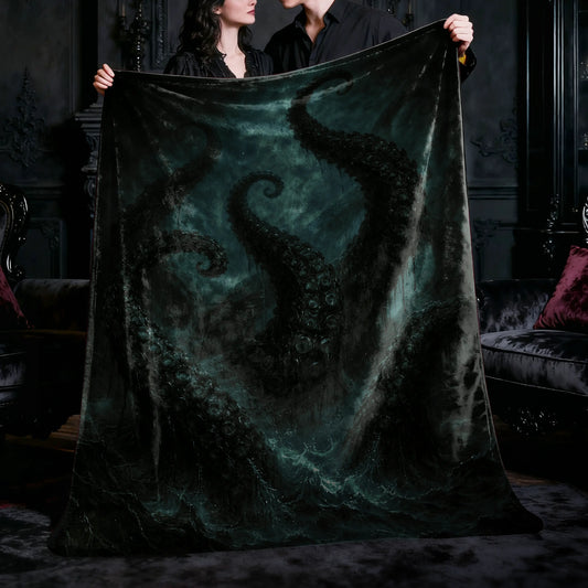 Tentacles Velveteen Dark Art Blanket held by a couple in a gothic living room