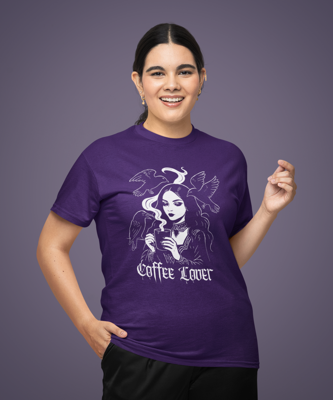 Coffee Lover Gothic T-shirt, Dark Aesthetics Halloween Apparel with Ravens