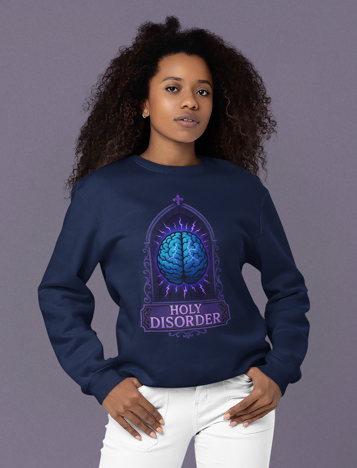 Person wearing a navy blue sweatshirt with a brain gothic graphic design and text on a gray background
