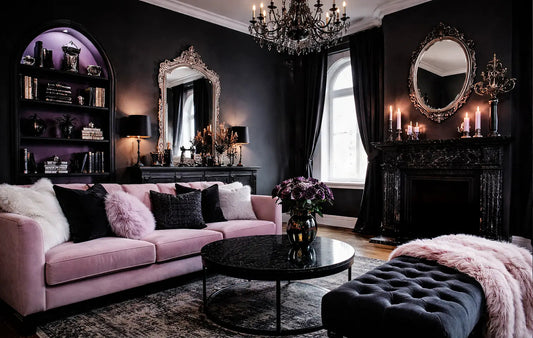 Elegant gothic room with pink couch and black walls, dark but warm and inviting environment