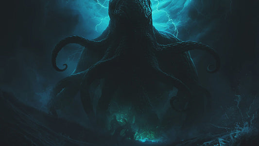 Cthulhu Lovecraft eldritch tentacle monster towering in the middle of deep ocean