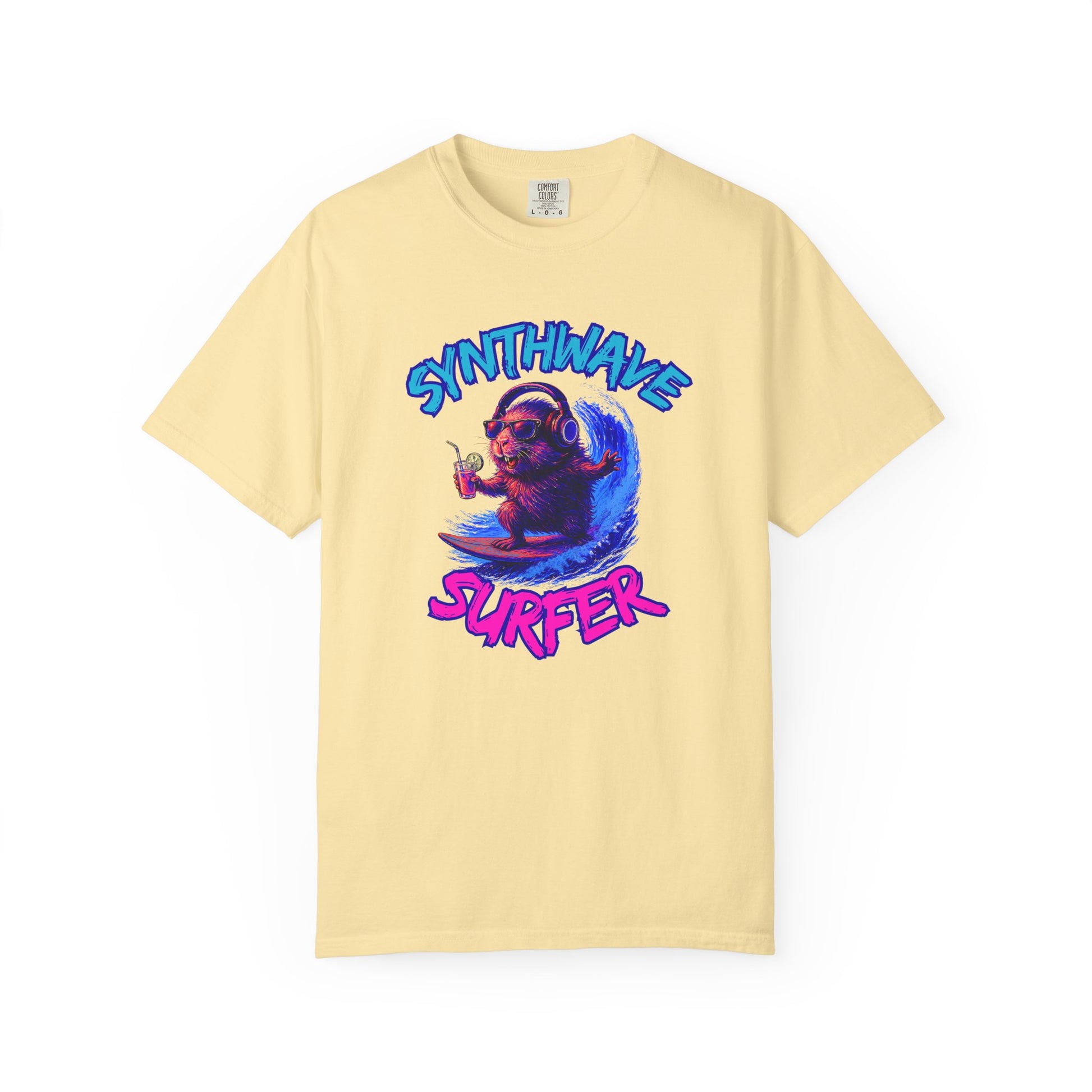 Synthwave Surfer T-Shirt, Vaporwave Animal Tee, Neon Guinea Pig Shirt, 80s Style Graphic Top