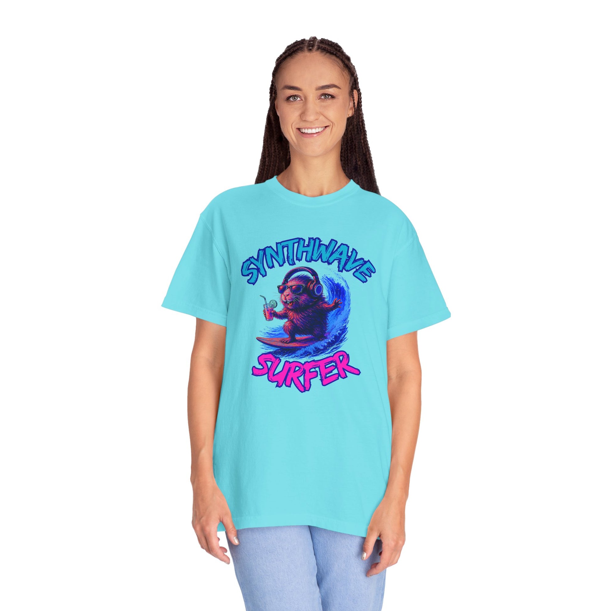 Synthwave Surfer T-Shirt, Vaporwave Animal Tee, Neon Guinea Pig Shirt, 80s Style Graphic Top