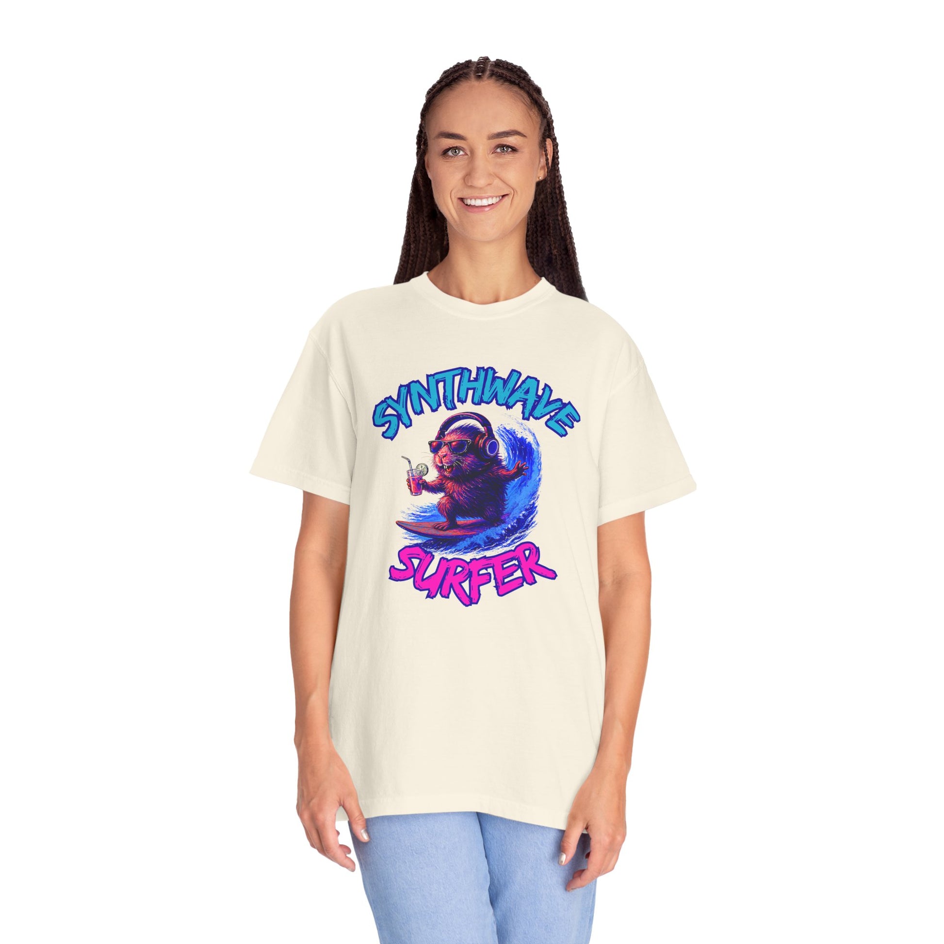 Synthwave Surfer T-Shirt, Vaporwave Animal Tee, Neon Guinea Pig Shirt, 80s Style Graphic Top