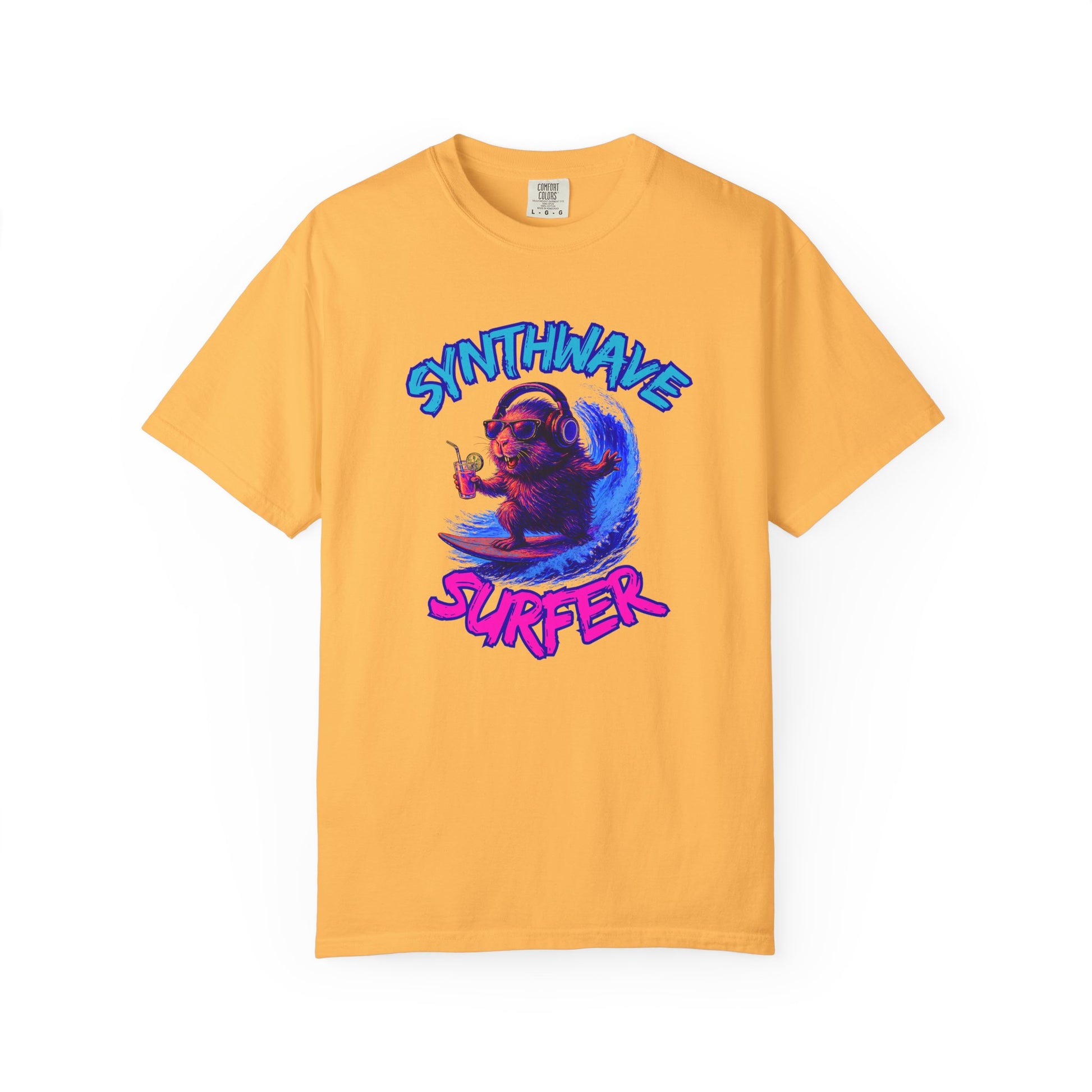 Synthwave Surfer T-Shirt, Vaporwave Animal Tee, Neon Guinea Pig Shirt, 80s Style Graphic Top