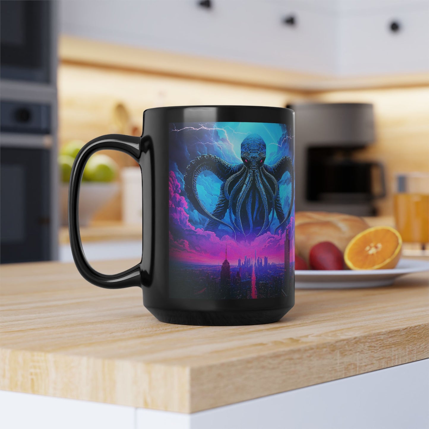 Cthulhu Over Neon City Black Ceramic Mug, Lovecraft Mythos Inspired Drinkware