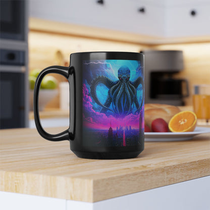 Cthulhu Over Neon City Black Ceramic Mug, Lovecraft Mythos Inspired Drinkware