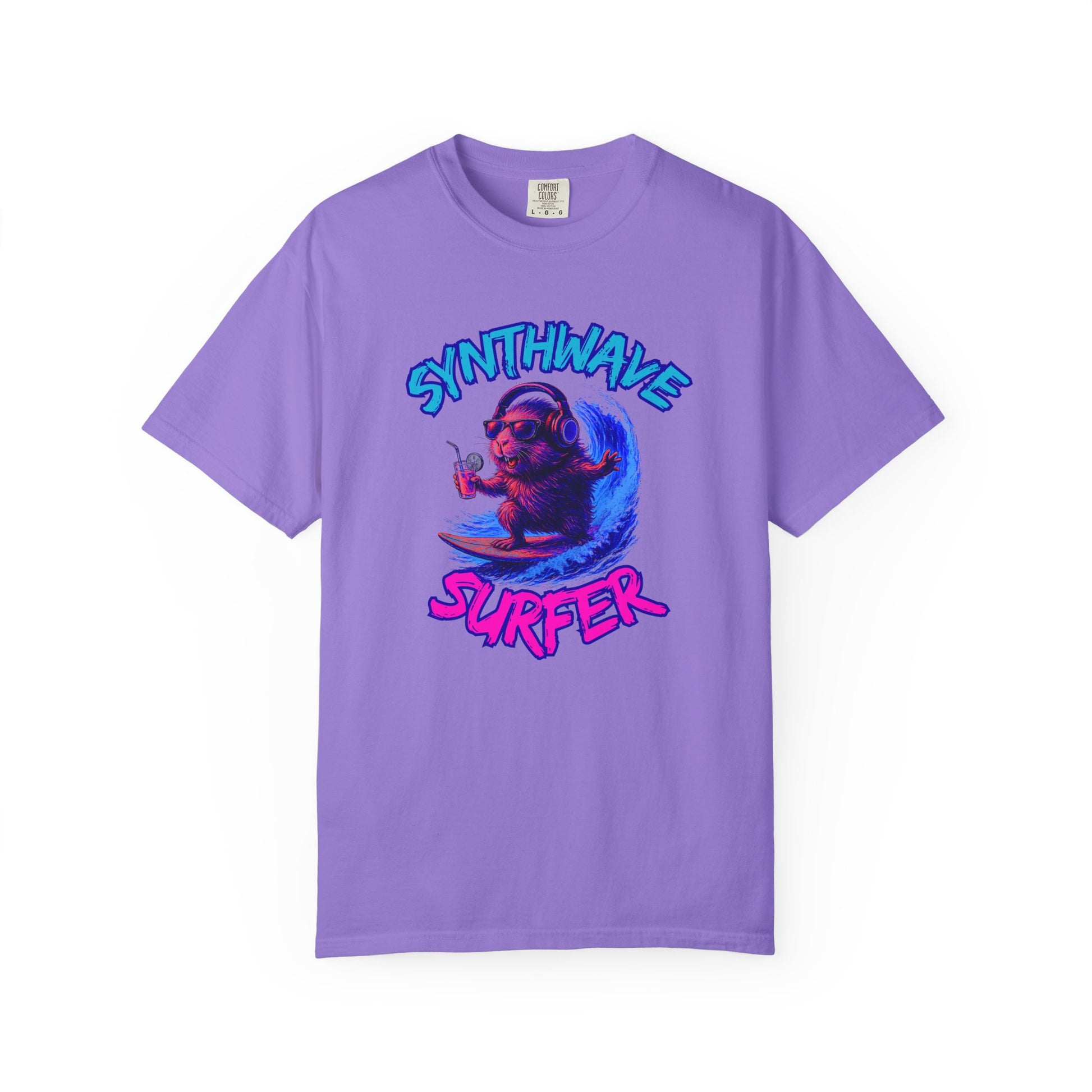 Synthwave Surfer T-Shirt, Vaporwave Animal Tee, Neon Guinea Pig Shirt, 80s Style Graphic Top