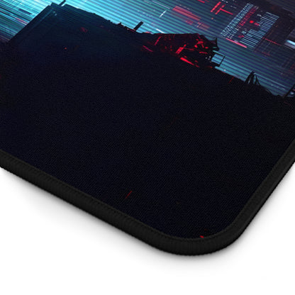 Neon Sunset Cyberpunk Cityscape Desk Mat - Digital Glitch Effect Mouse Pad