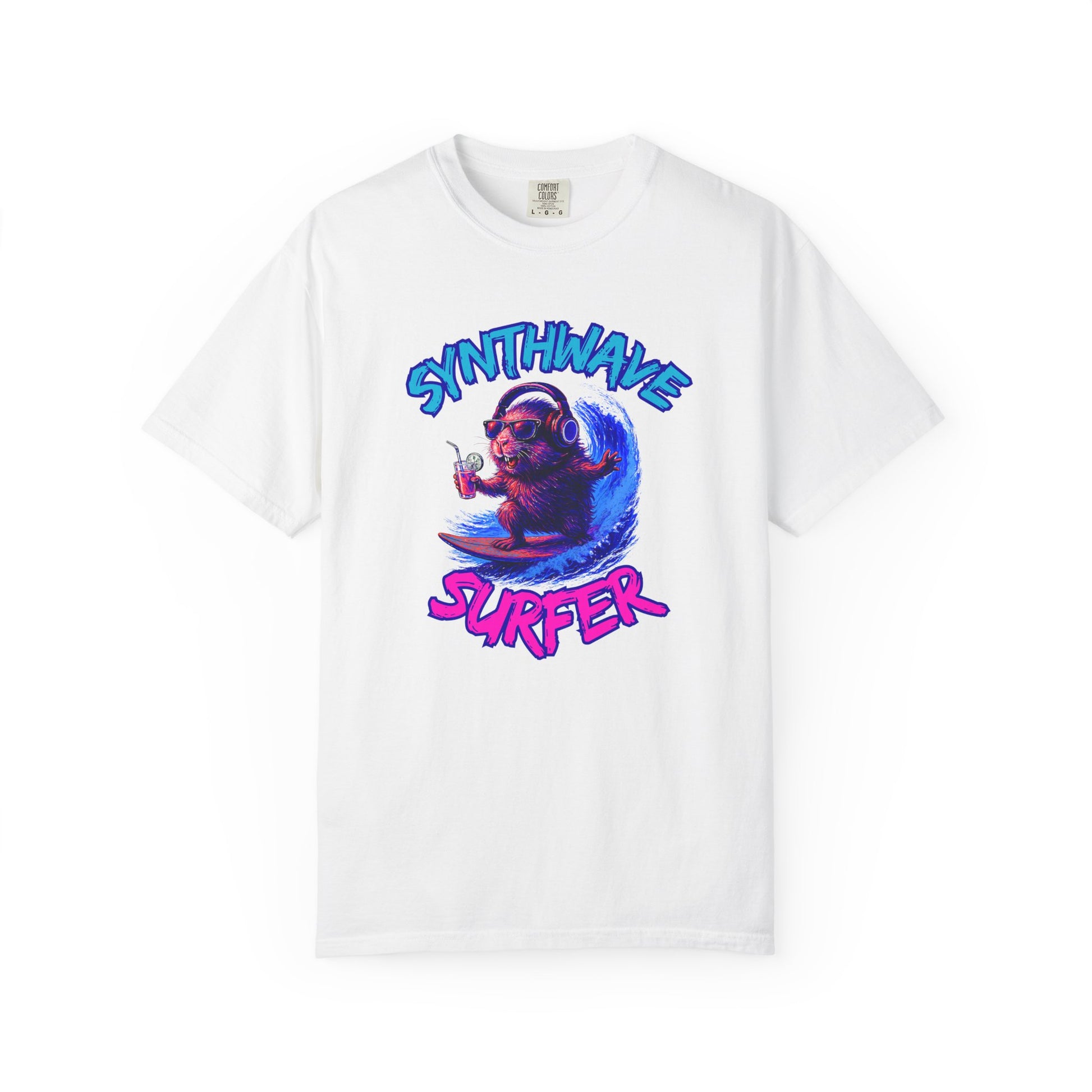 Synthwave Surfer T-Shirt, Vaporwave Animal Tee, Neon Guinea Pig Shirt, 80s Style Graphic Top