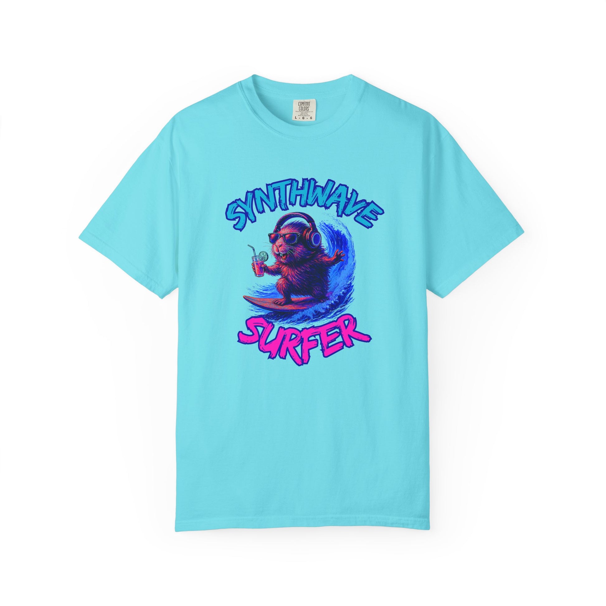 Synthwave Surfer T-Shirt, Vaporwave Animal Tee, Neon Guinea Pig Shirt, 80s Style Graphic Top