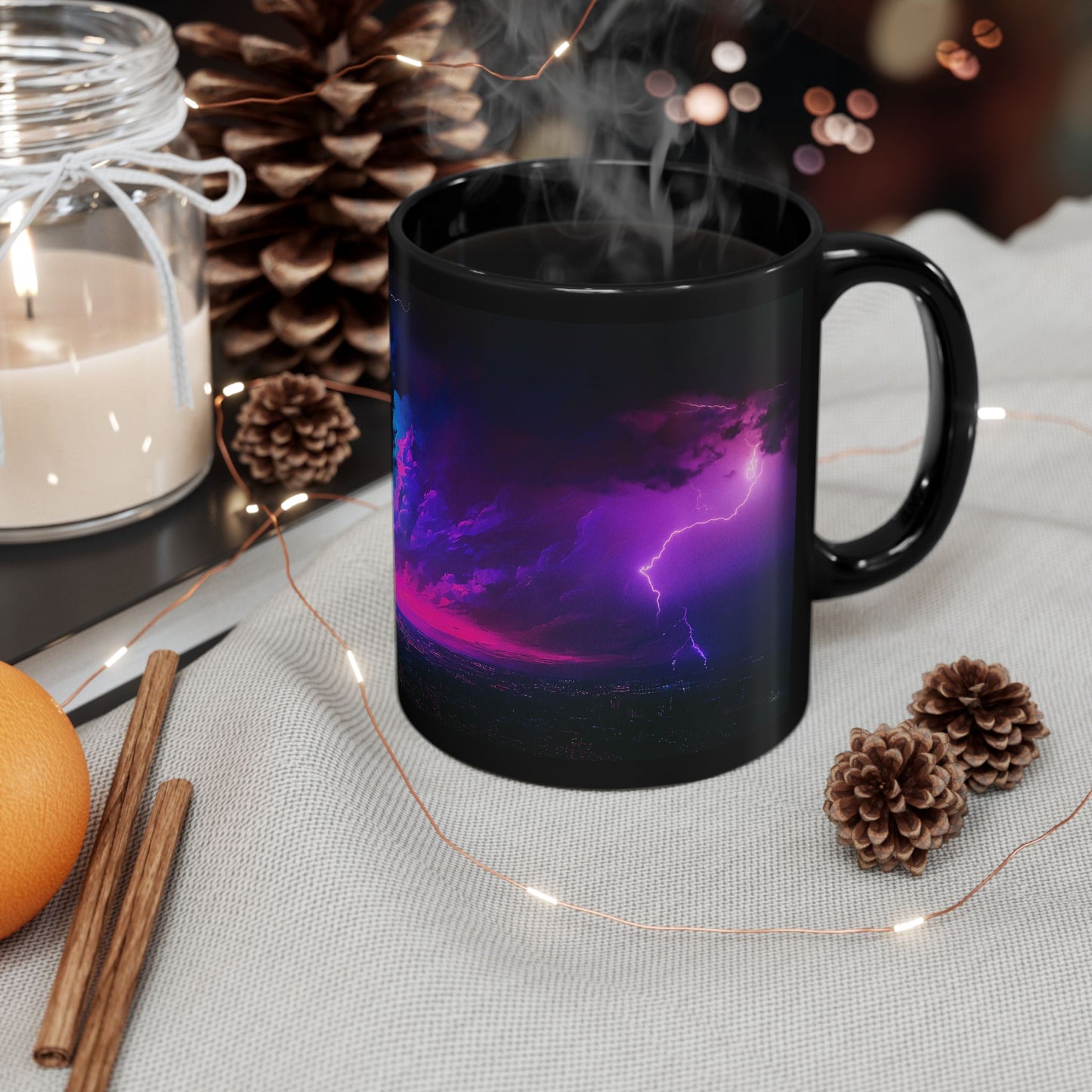 Cthulhu Over Neon City Black Ceramic Mug, Lovecraft Mythos Inspired Drinkware