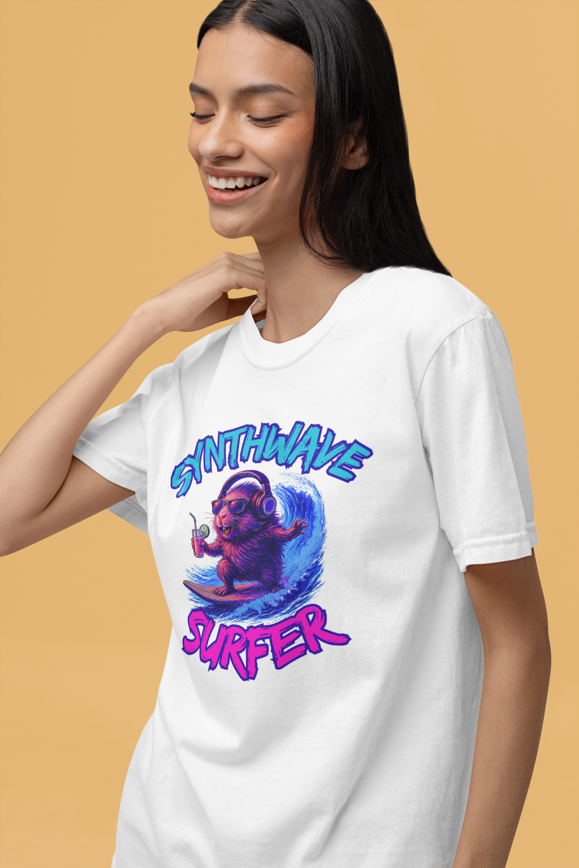 Synthwave Surfer T-Shirt, Vaporwave Animal Tee, Neon Guinea Pig Shirt, 80s Style Graphic Top