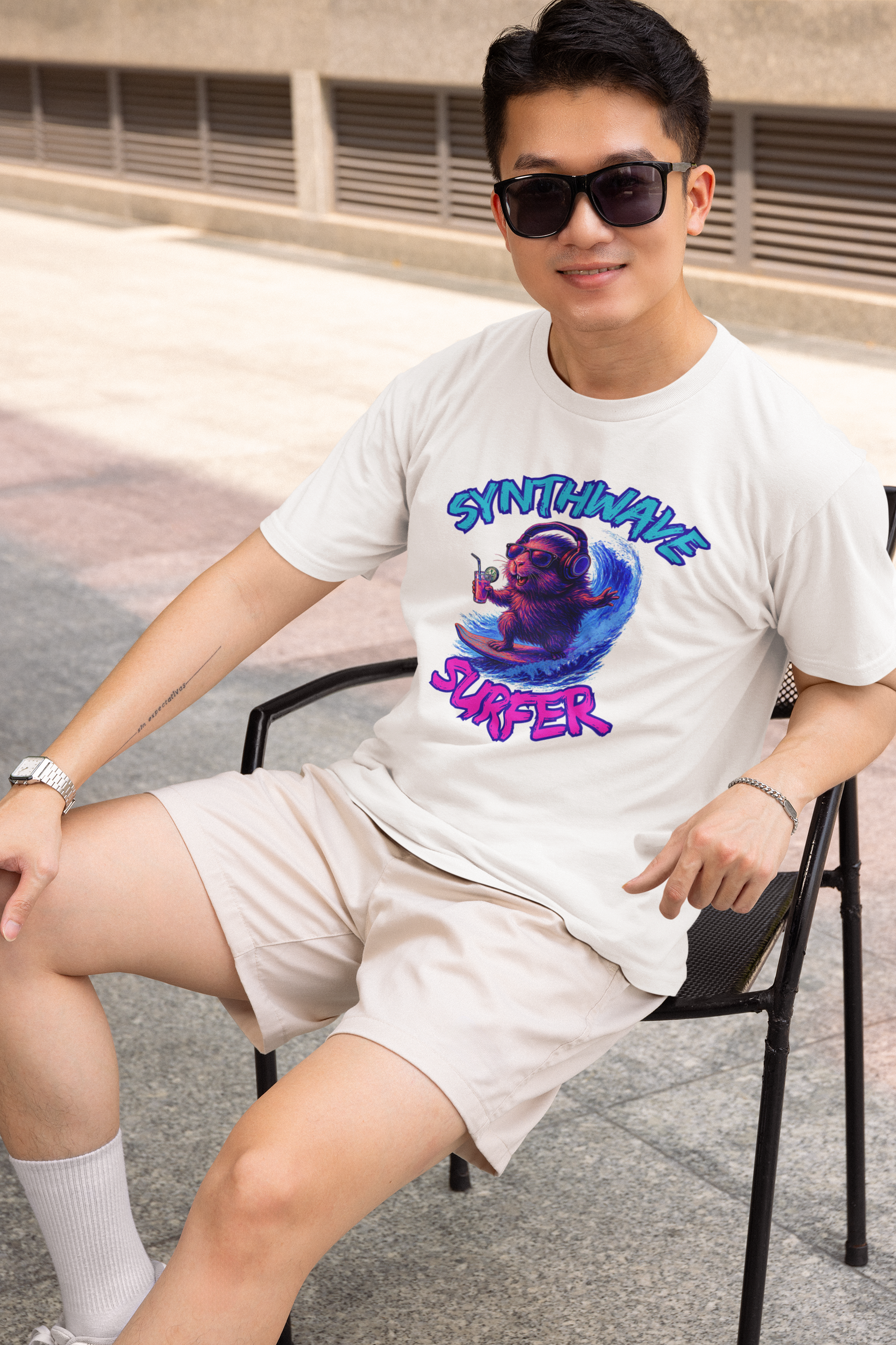 Synthwave Surfer T-Shirt, Vaporwave Animal Tee, Neon Guinea Pig Shirt, 80s Style Graphic Top