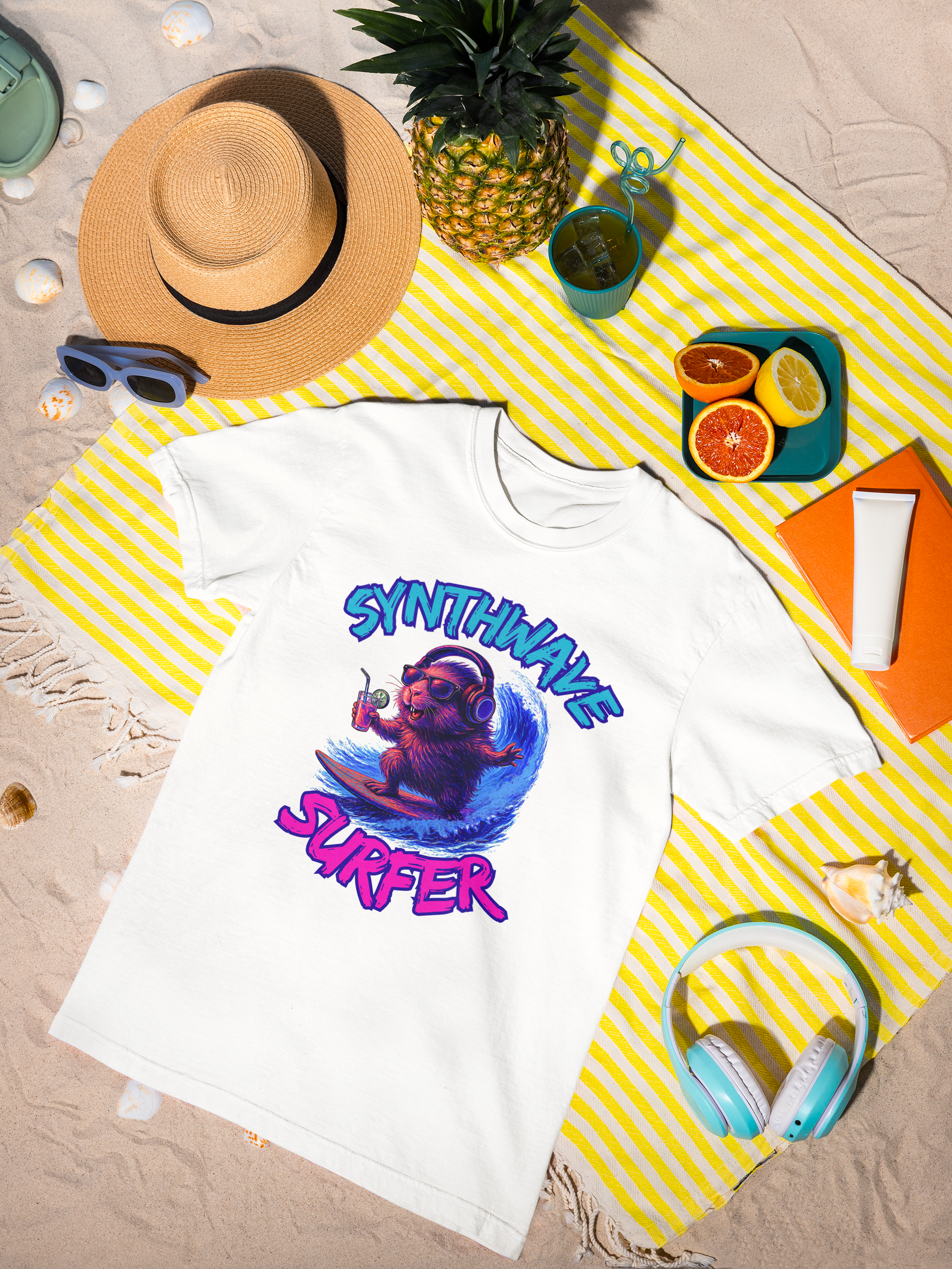 Synthwave Surfer T-Shirt, Vaporwave Animal Tee, Neon Guinea Pig Shirt, 80s Style Graphic Top