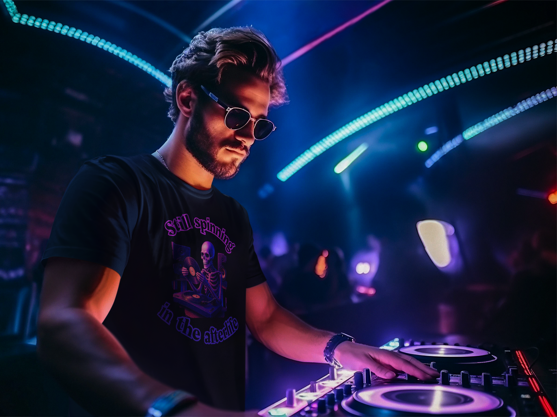 Synthwave DJ Skeleton T-Shirt, Neon Graphic Shirt, Retro 80s Halloween