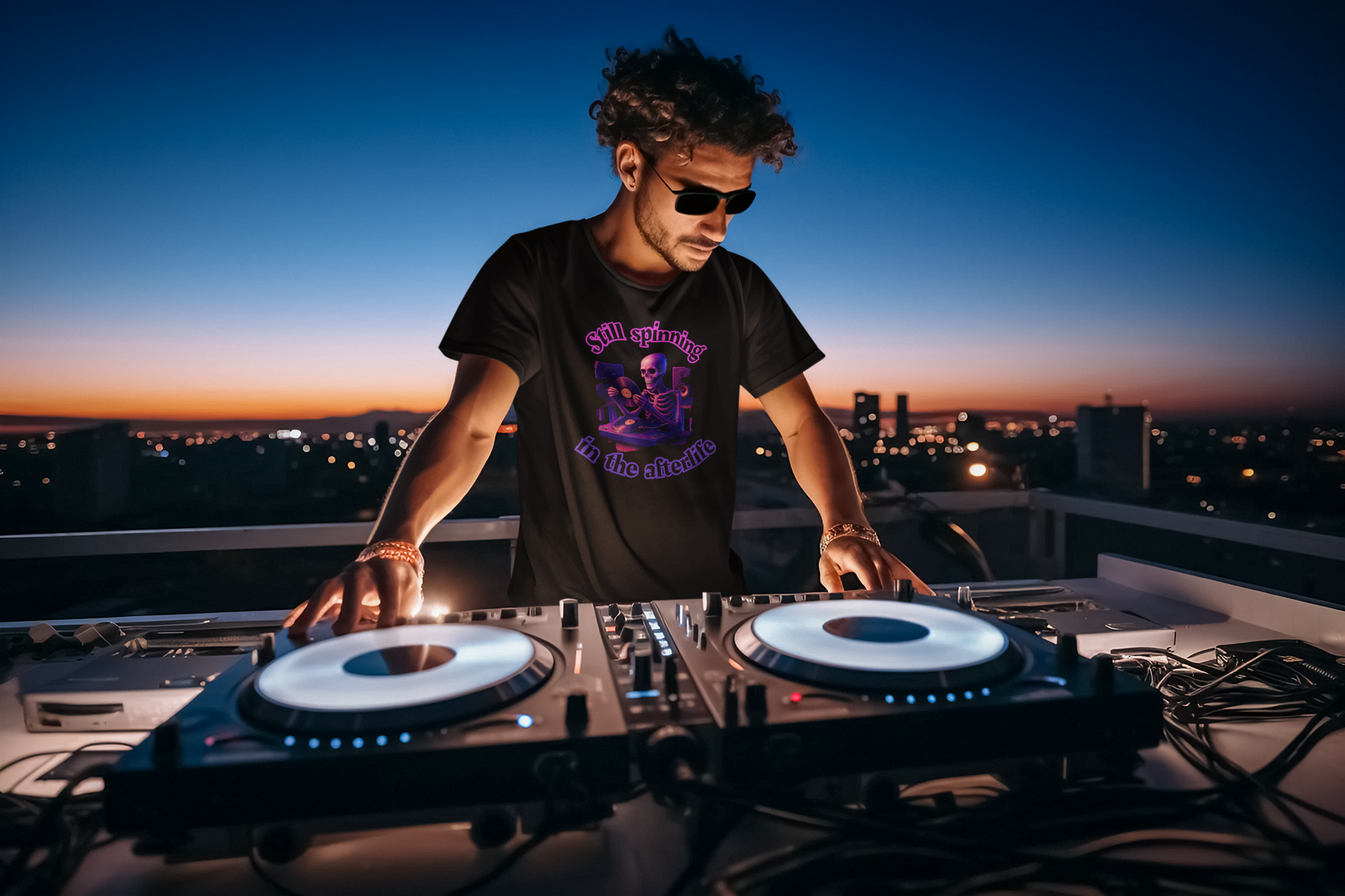 Synthwave DJ Skeleton T-Shirt, Neon Graphic Shirt, Retro 80s Halloween