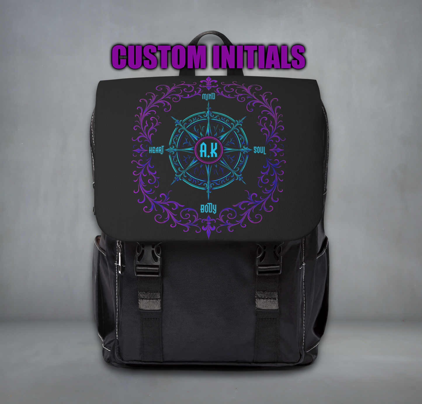 Personalized Gothic Compass Backpack with Neon Victorian Ornament