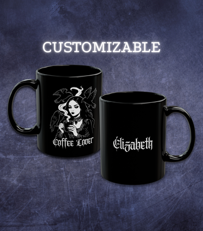 Black mug with a design of a woman holding a coffee cup, surrounded by birds and the text 'Coffee Lover' on one side and persons name on the other side