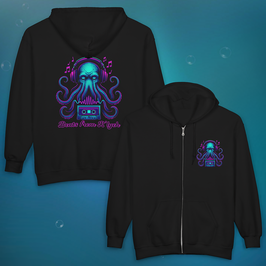Black hoodie with a colorful octopus Cthulhu design on a blue background