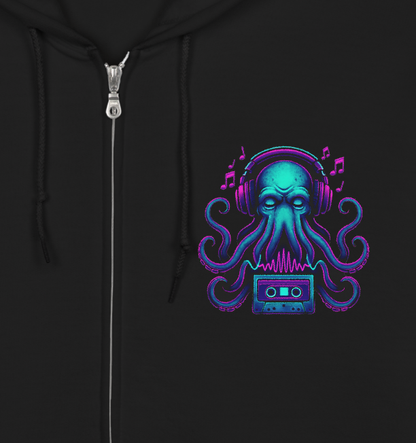 Closeup of a black hoodie with a colorful octopus Cthulhu design wearing headphones and a cassette tape
