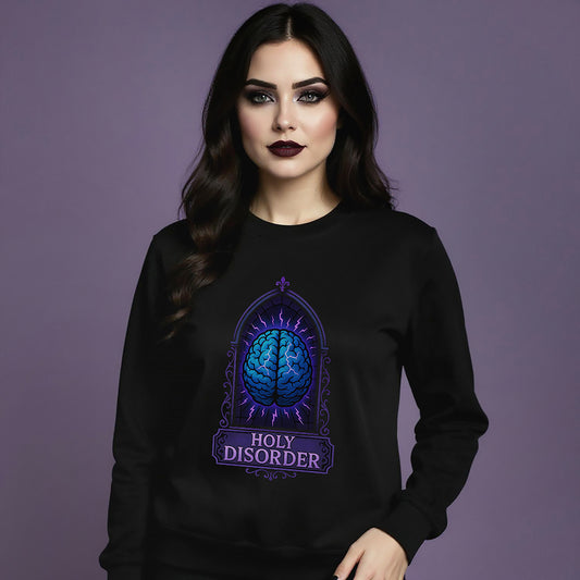 Woman wearing a gothic black sweatshirt with a brain design and text on a purple background