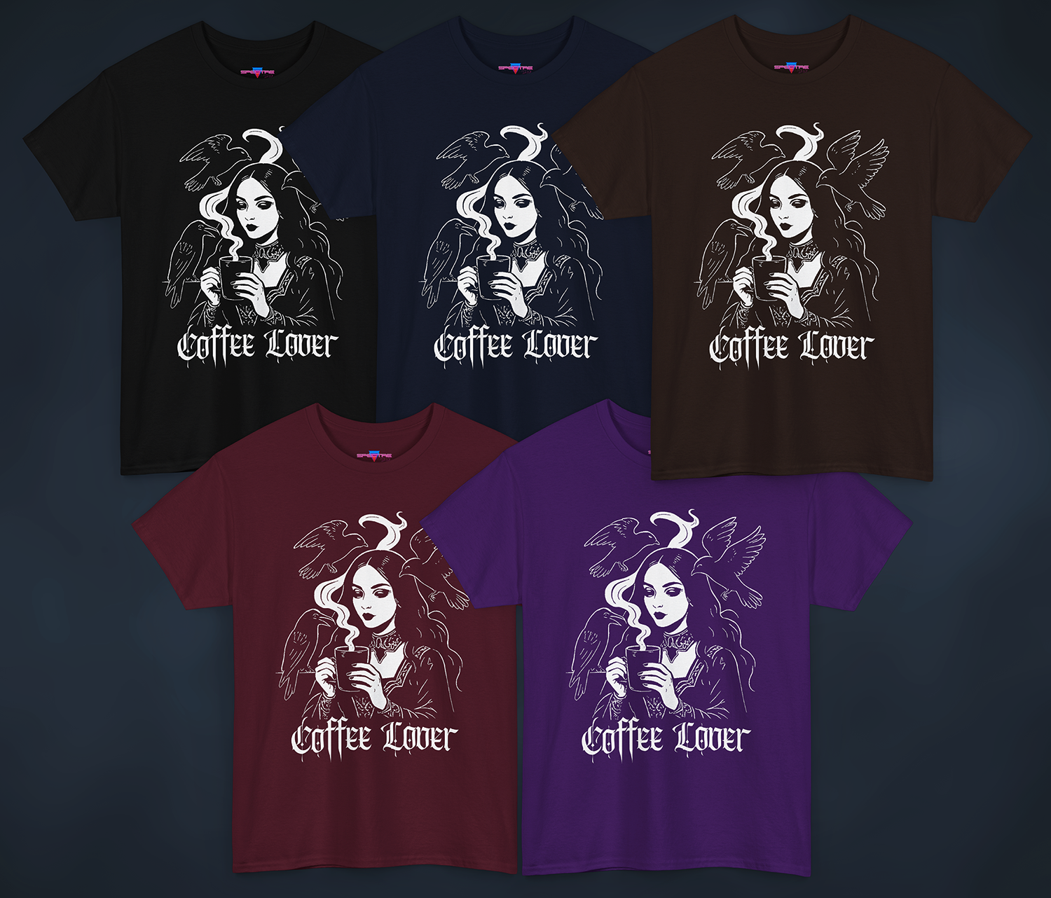 Five t-shirts with a graphic of a woman holding a coffee cup, surrounded by birds and the text 'Coffee Lover' with a gothic font