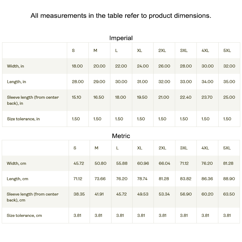 Size chart for clothing measurements in imperial and metric units.