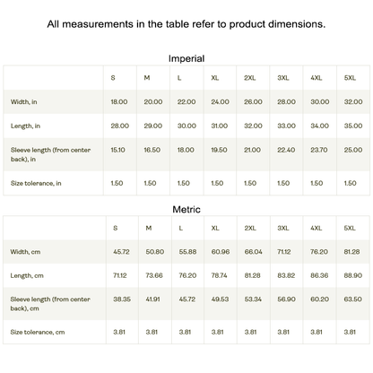 Size chart for clothing measurements in imperial and metric units.