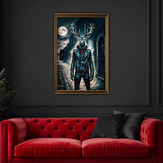 Surreal dark framed artwork of a humanoid figure, half man half deer with antlers on a dark wall above a red sofa.