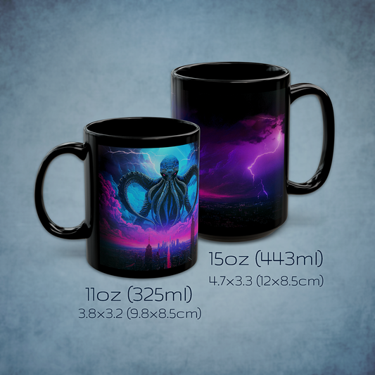 Cthulhu Over Neon City Black Ceramic Mug, Lovecraft Mythos Inspired Drinkware
