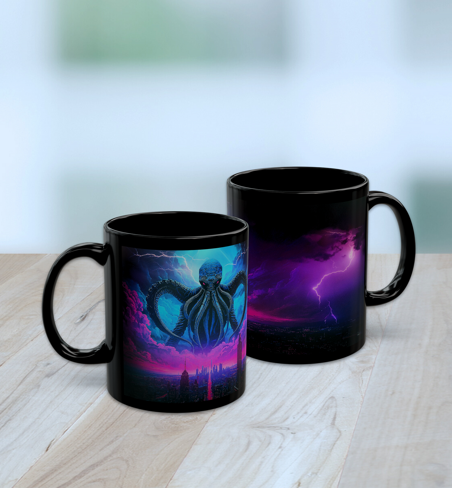 Cthulhu Over Neon City Black Ceramic Mug, Lovecraft Mythos Inspired Drinkware