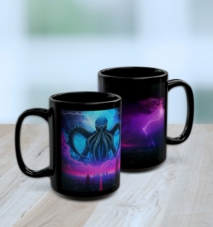 Cthulhu Over Neon City Black Ceramic Mug, Lovecraft Mythos Inspired Drinkware