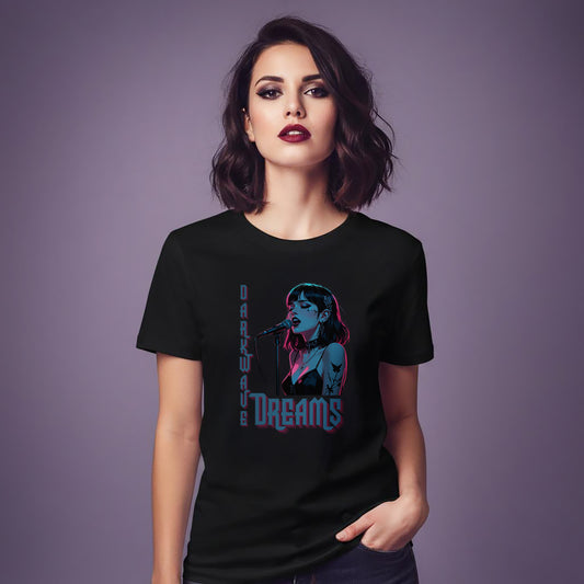 Darkwave Dreams T-Shirt, Gothic Synthwave Singer in Neon Lights