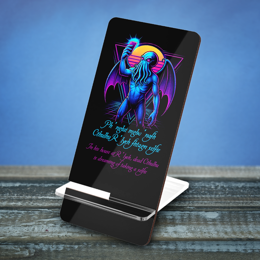 Synthwave Cthulhu Funny Phone Stand, Lovecraft Horror Parody Smartphone Holder