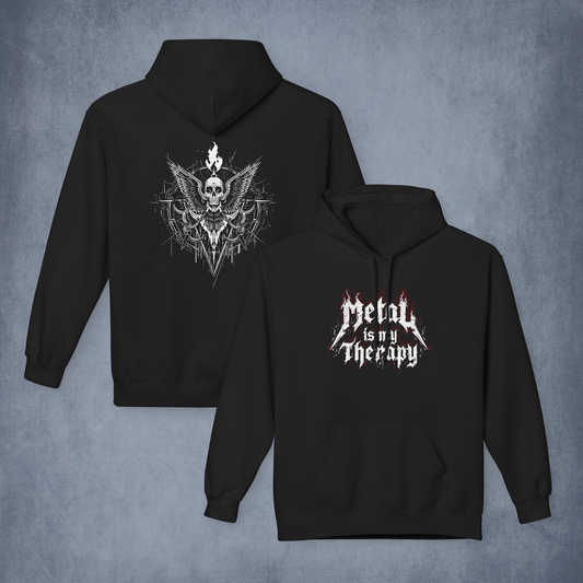 Heavy Metal Therapy Skull and Flames Hoodie, Gothic Grunge Pullover for Rock Fans