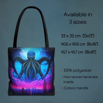 Cthulhu Over Neon City Tote Bag, Lovecraft Reusable Shopping Bag