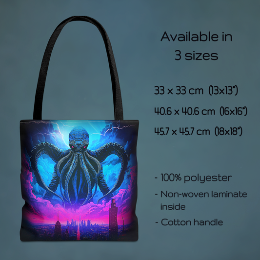 Cthulhu Over Neon City Tote Bag, Lovecraft Reusable Shopping Bag