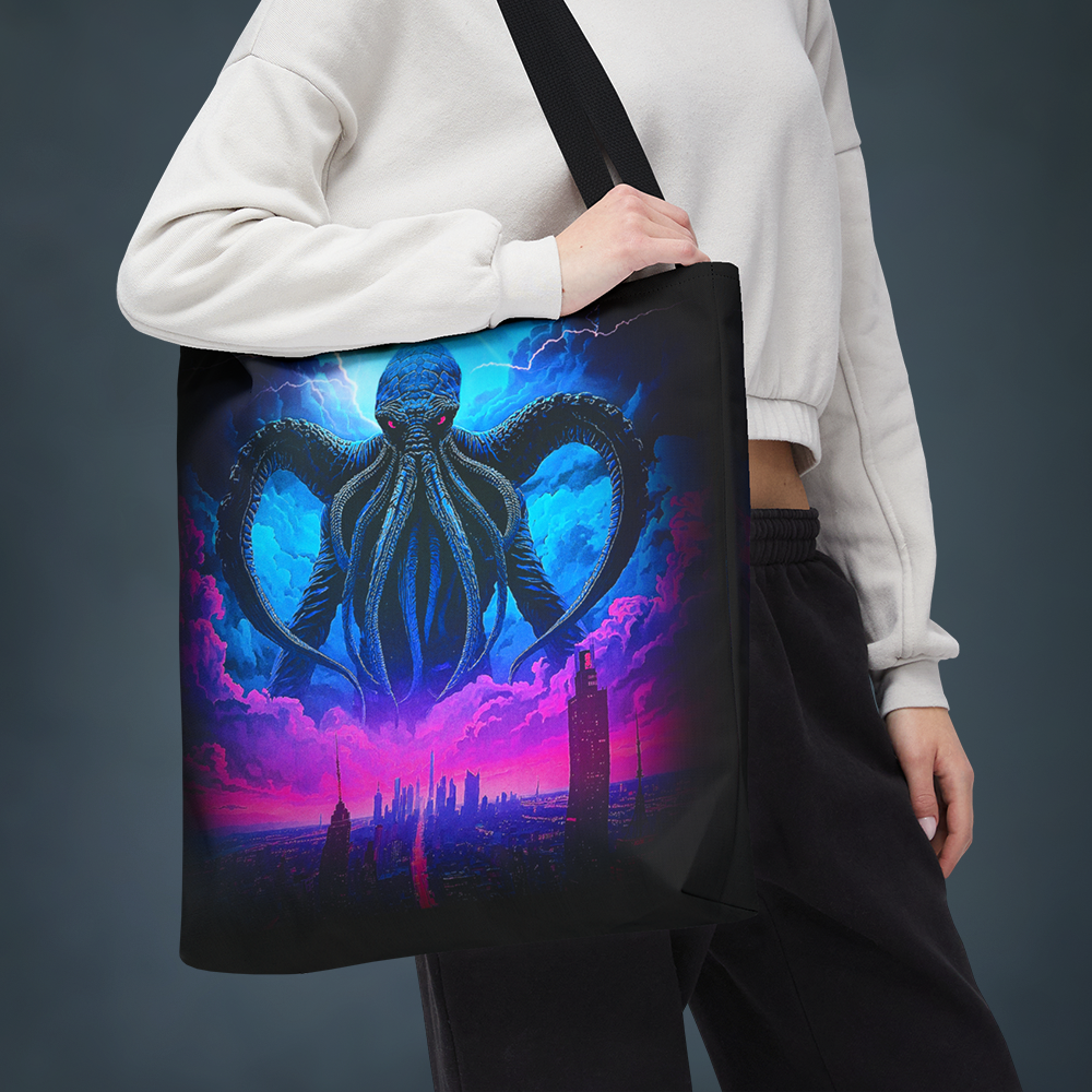 Cthulhu Over Neon City Tote Bag, Lovecraft Reusable Shopping Bag