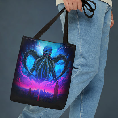 Cthulhu Over Neon City Tote Bag, Lovecraft Reusable Shopping Bag